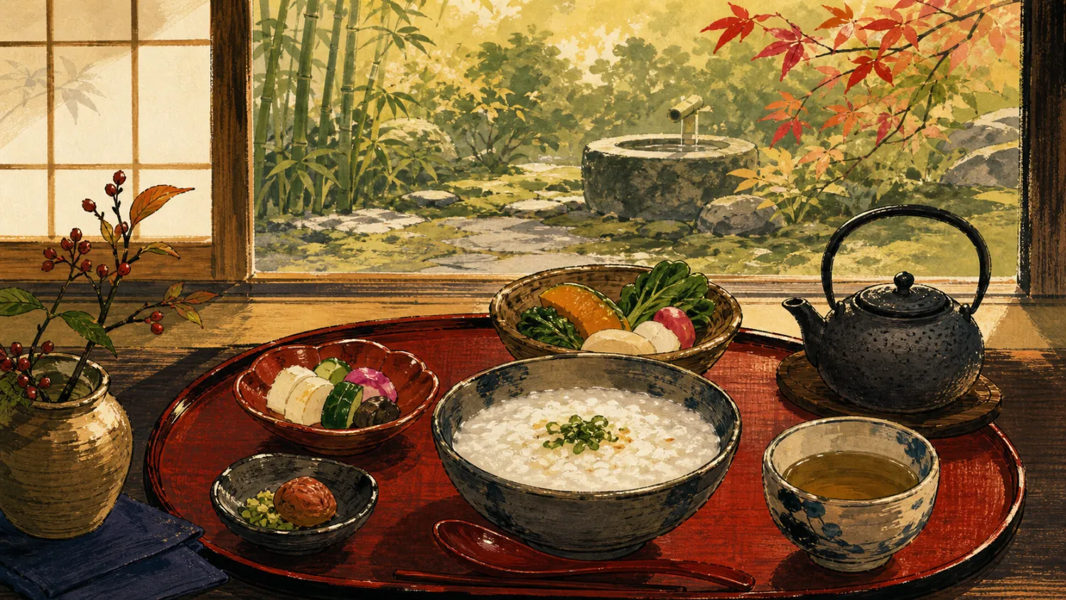朝粥と小鉢を並べた朝のお膳