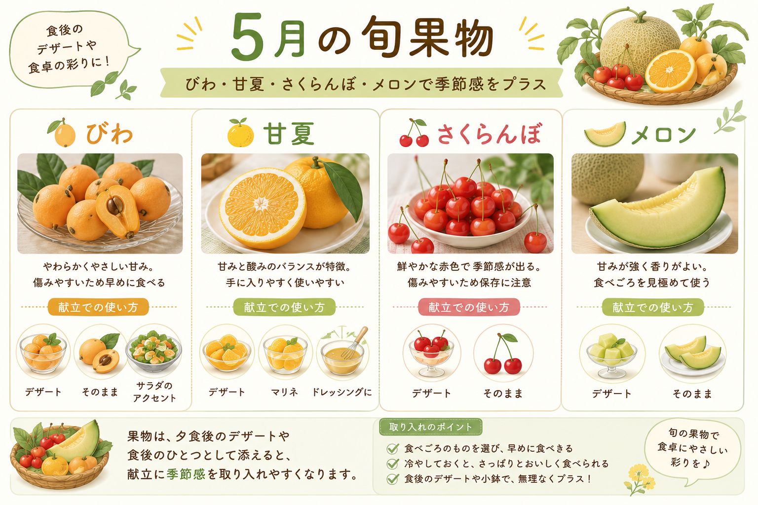 5月の旬果物をまとめた図。びわ、甘夏、さくらんぼ、メロンの特徴と、デザート・そのまま・サラダのアクセント・マリネ・ドレッシングなど献立での使い方を紹介。
