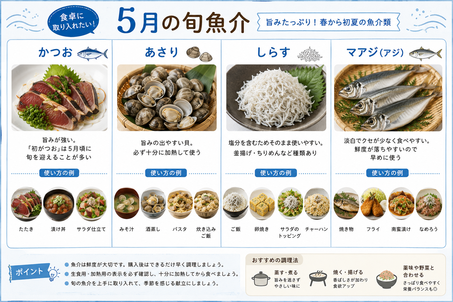 5月の旬魚介をまとめた図。かつお、あさり、しらす、マアジの特徴と、たたき・みそ汁・酒蒸し・卵焼き・焼き物など献立での使い方を紹介。