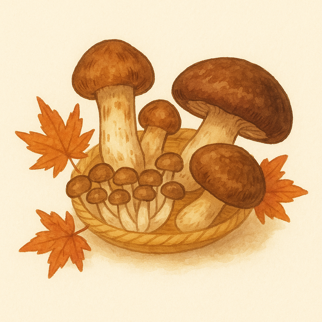 秋の味覚キノコのイラスト。盛り合わせ。