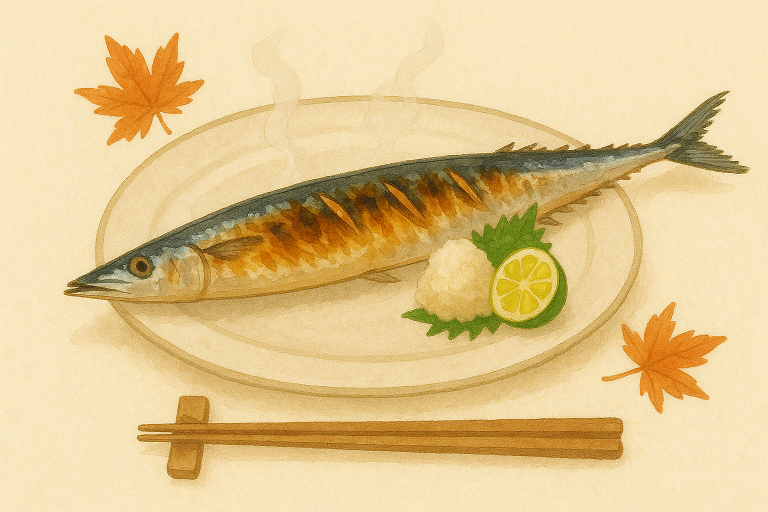 秋刀魚のイラスト。焼き魚で、さらに盛り付けてある料理。