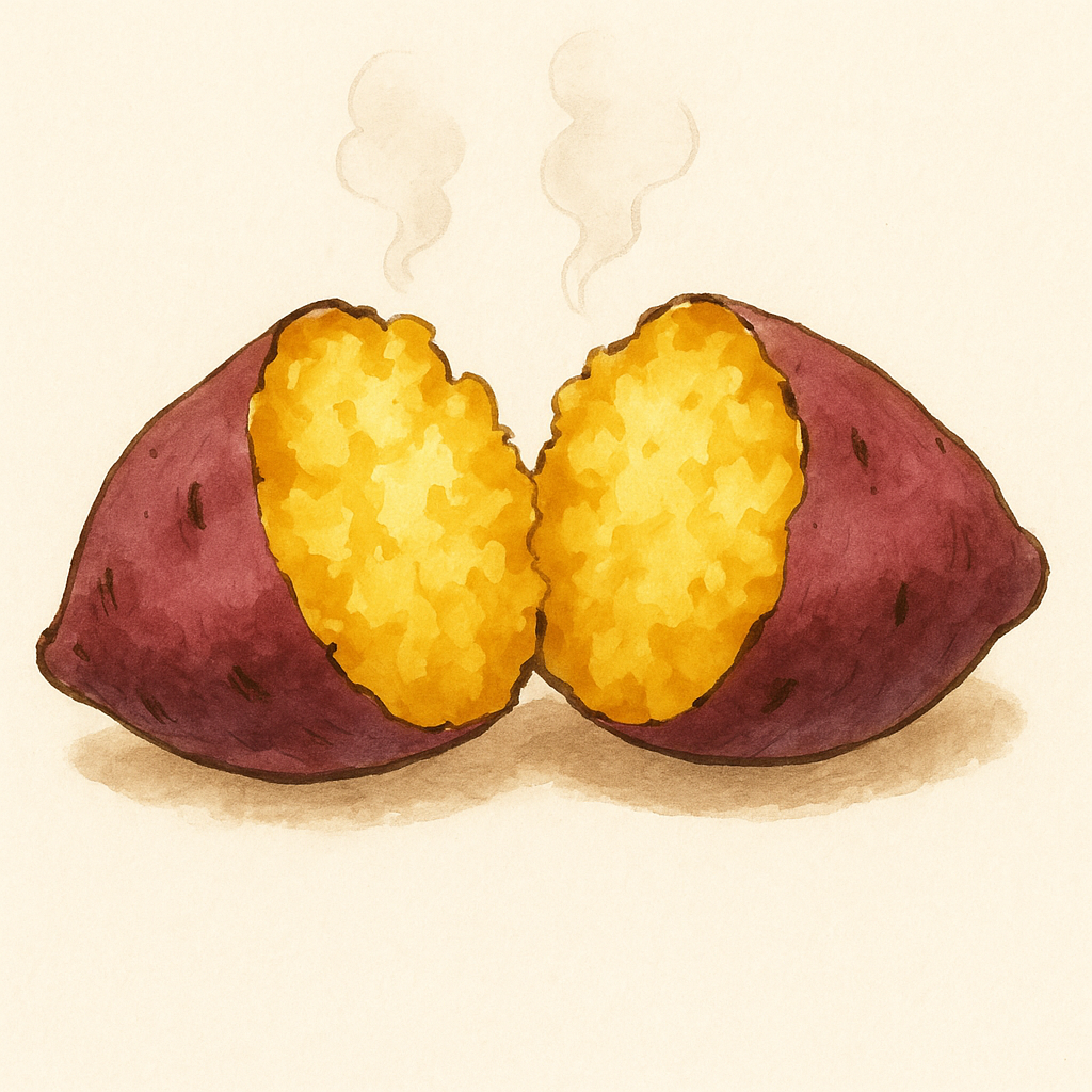 焼きたてのさつまいものイラスト。湯気が出ている。
