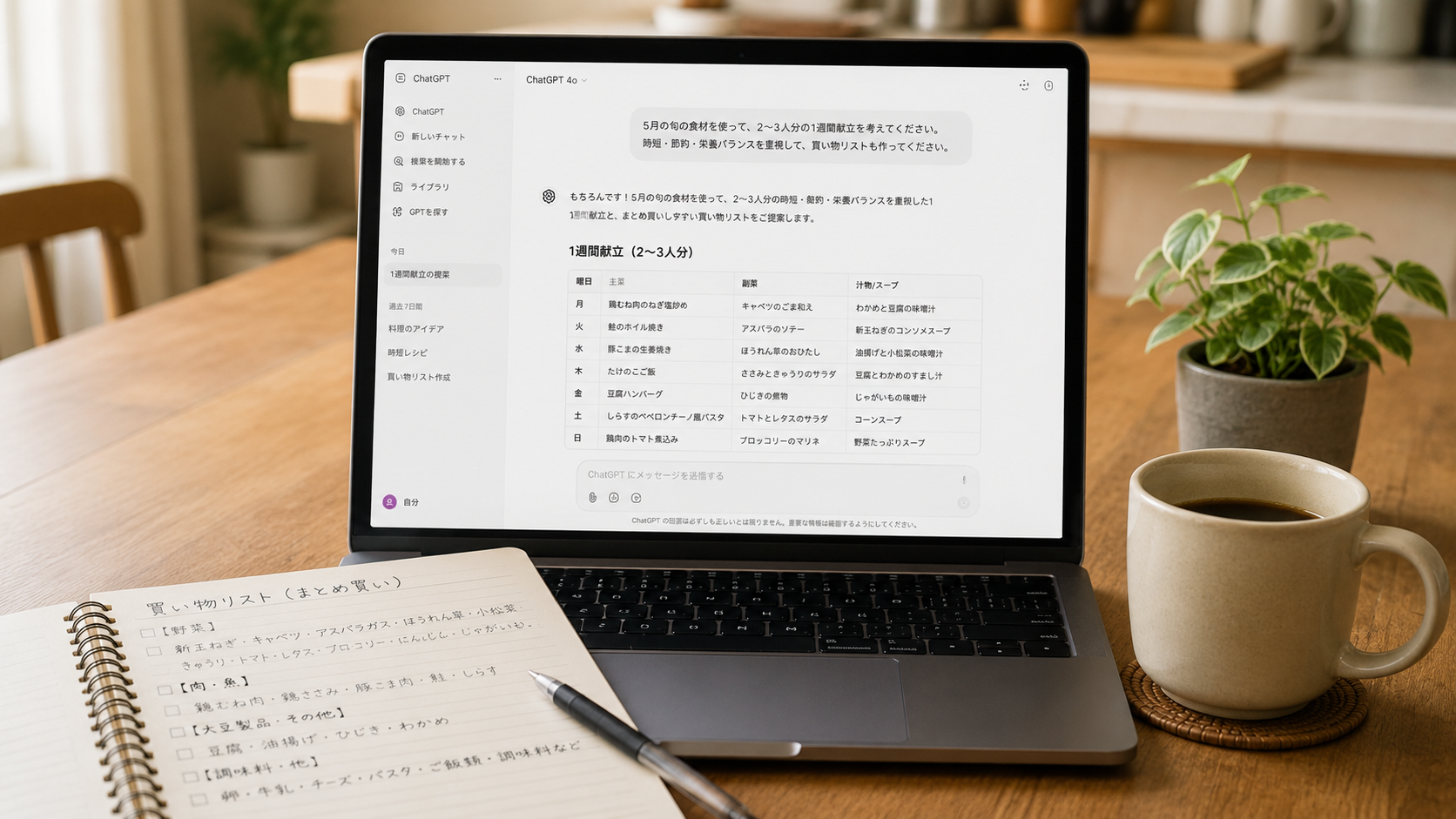 ChatGPTで1週間献立を作成しているPC画面