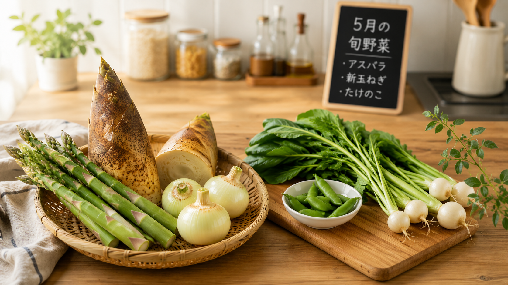 5月の旬野菜であるアスパラ・新玉ねぎ・たけのこ