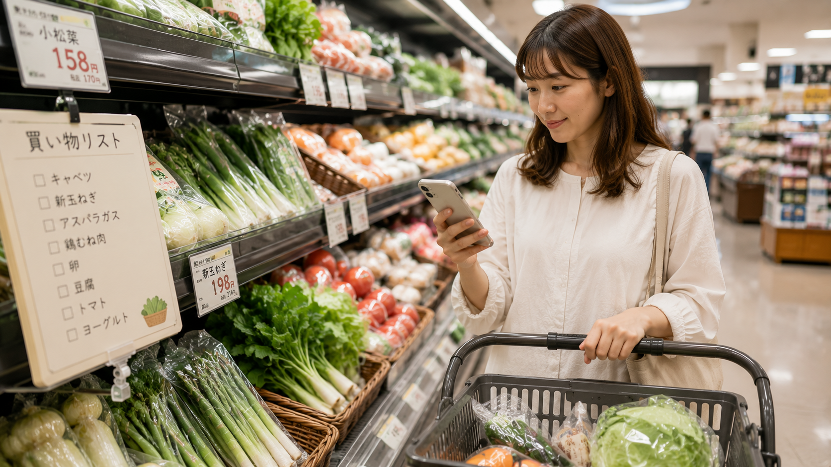 スマホで買い物リストを見ながらスーパーで買い物する女性