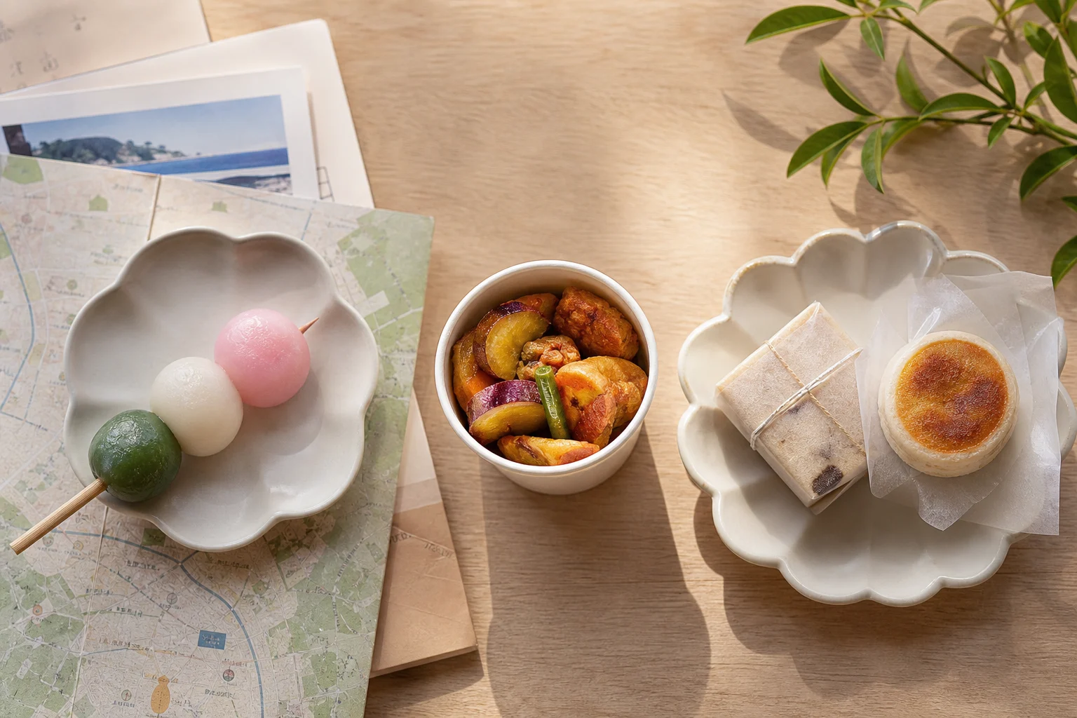 小町通りでその場で食べる甘味と持ち帰り菓子を比較するイメージ
