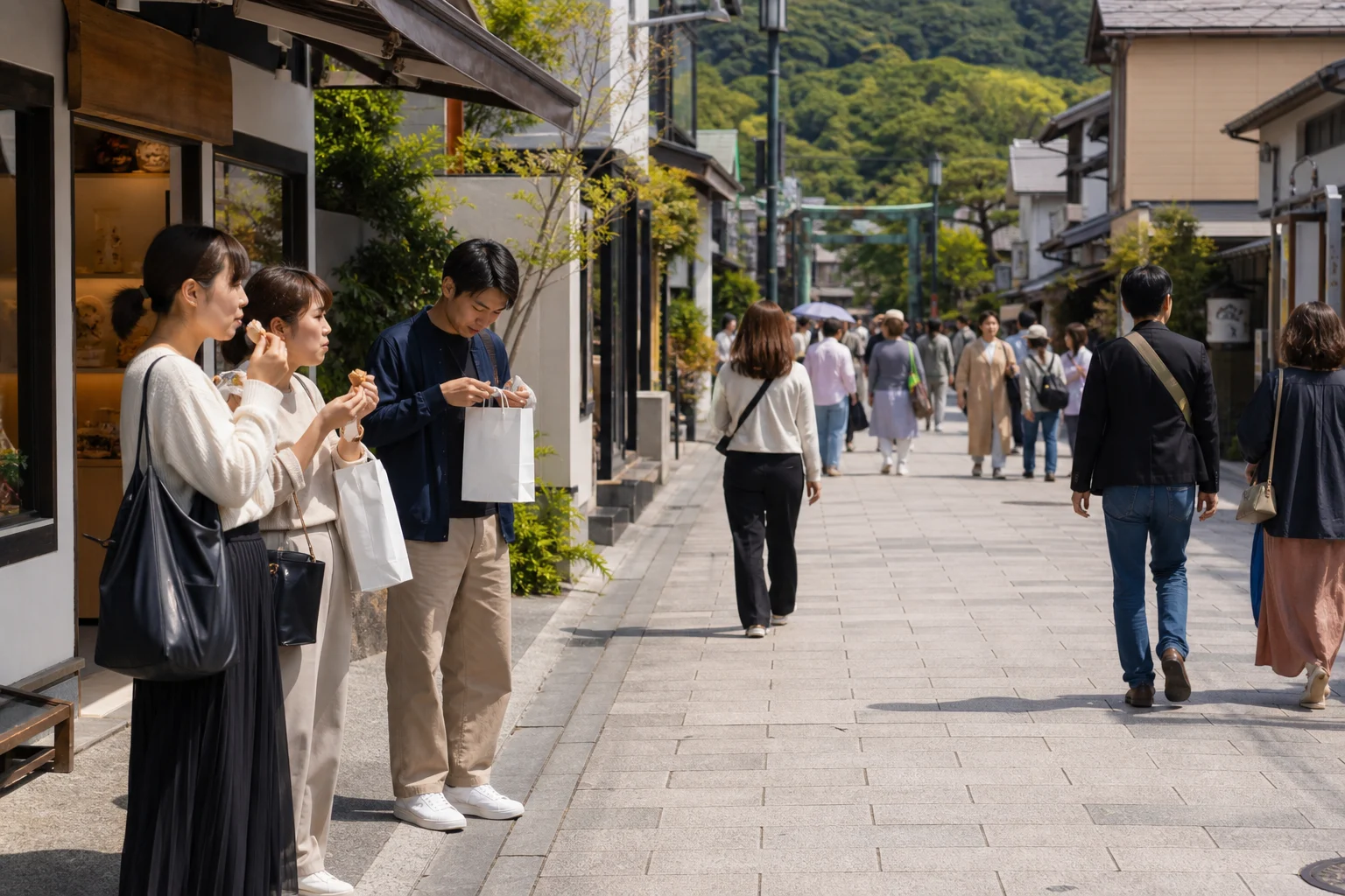 混雑時の小町通りで歩きながら食べずに場所を選ぶ観光客