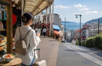 熱海駅前で海鮮ランチを駅前にするか海側にするか考える旅行者