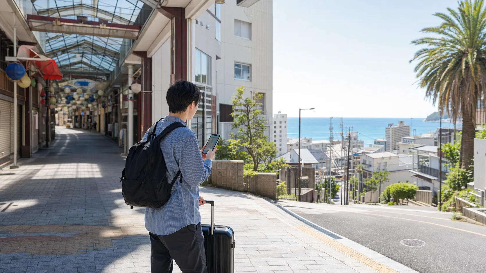 熱海駅前で海鮮ランチを駅前にするか海側にするか考える旅行者