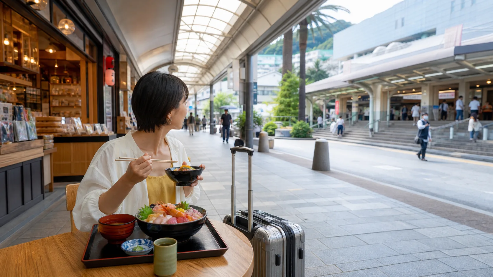 熱海駅前商店街とラスカ熱海で海鮮ランチを選ぶイメージ