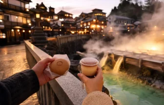 草津温泉の湯畑周辺で夕食前に軽い食べ歩きを選ぶ場面