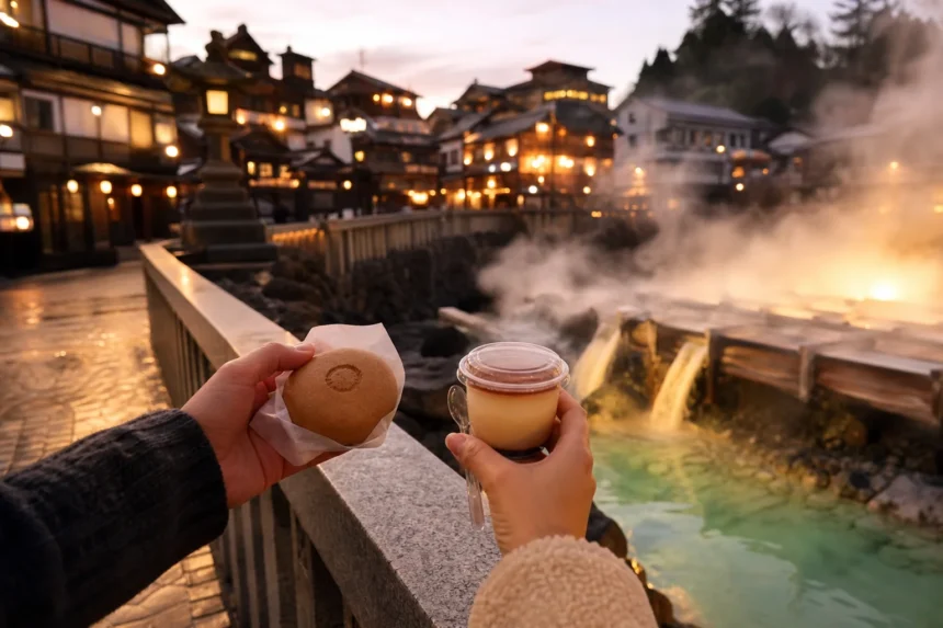 草津温泉の湯畑周辺で夕食前に軽い食べ歩きを選ぶ場面