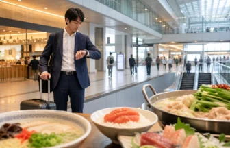 博多駅で出張前後に博多らしいランチを短時間で選ぶ利用シーンを表したアイキャッチ