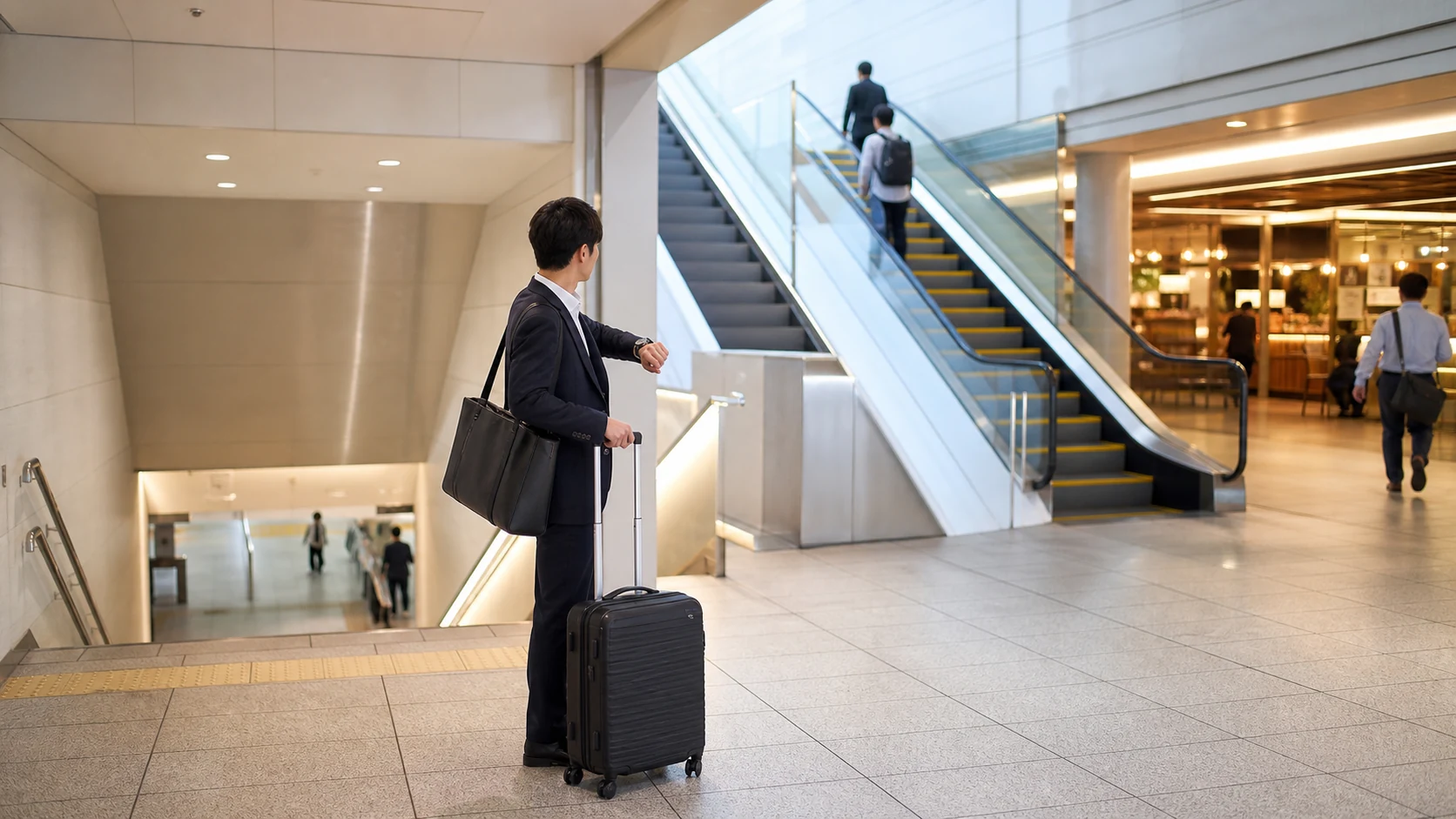 博多駅で出張鞄を持った人が時計を見ながらランチの行き先を選んでいる場面