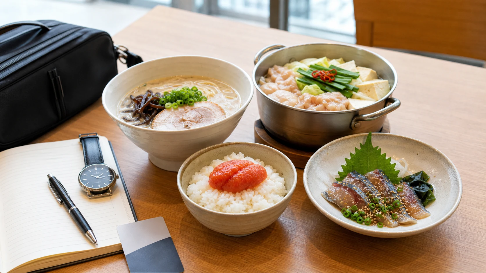 出張前後の博多駅ランチでラーメン、明太子、もつ鍋、海鮮を条件別に選ぶイメージ