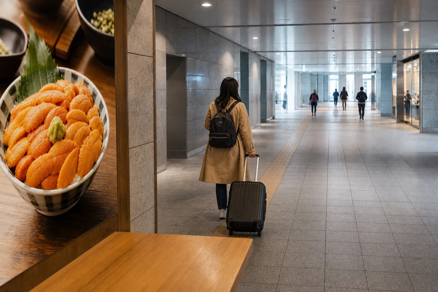 札幌駅南口から地下導線で徒歩圏の海鮮ランチへ向かうイメージ