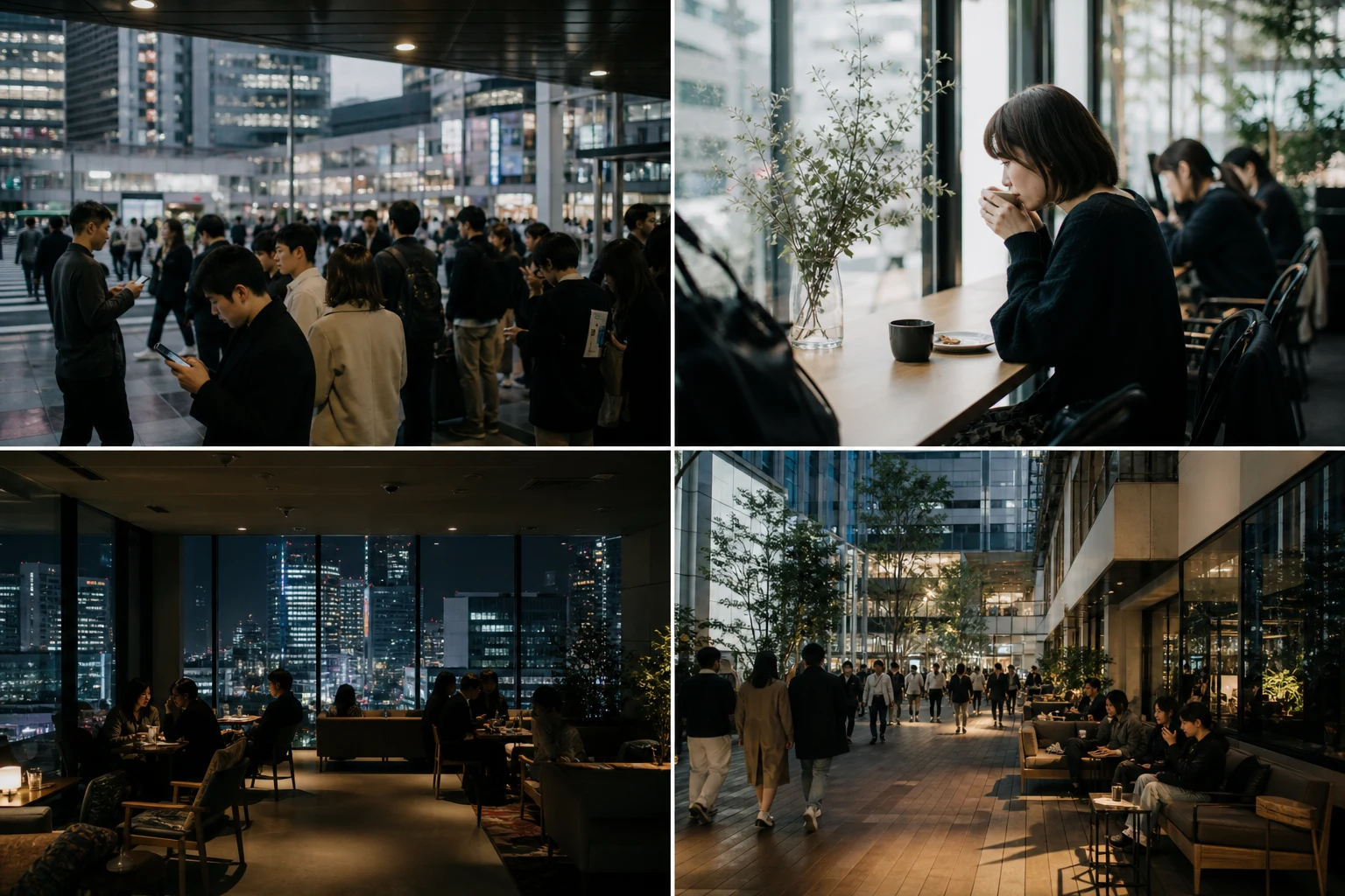 渋谷駅周辺の四つの出口方向とカフェの使い分けを示す比較イメージ