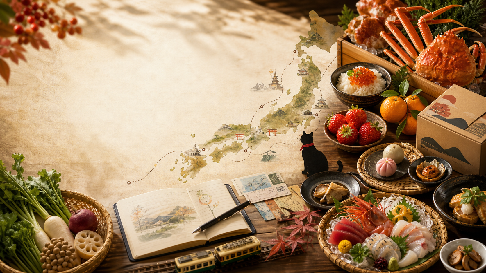 日本地図と全国のご当地グルメ、旬の食材、お取り寄せ箱が並ぶ味巡りのイメージ
