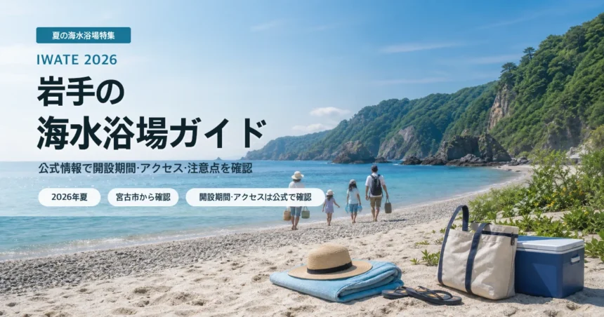 岩手の海水浴場ガイドを三陸沿岸の抽象的な夏海岸として表現したアイキャッチ