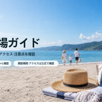 秋田の海水浴場ガイドをイメージした日本海沿いの夏の海岸風景
