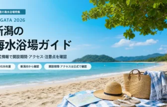 新潟の日本海沿岸で海水浴場を選ぶ夏の抽象イメージ