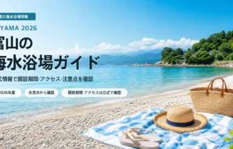 富山湾沿いで海水浴場を選ぶ夏の抽象イメージ