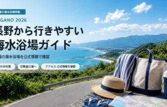 長野から近隣県の海へ向かう夏のルートをイメージした抽象イラスト