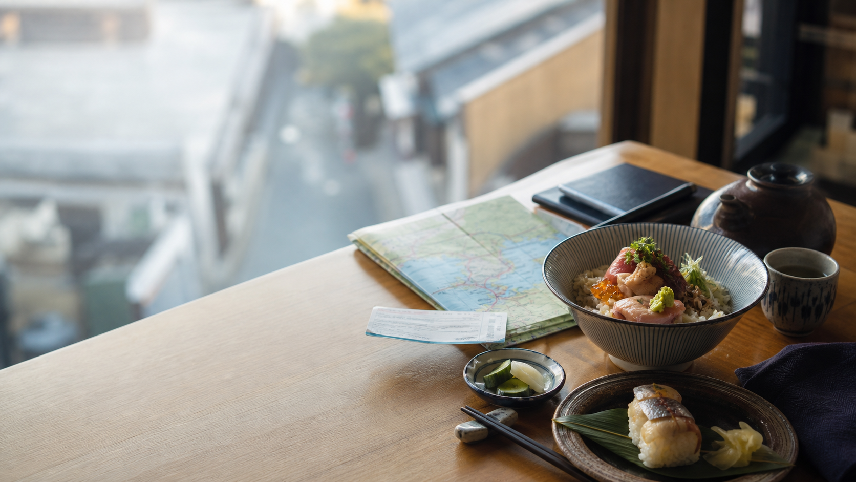 Japanese regional food, a travel map, and a train ticket on a table by a window