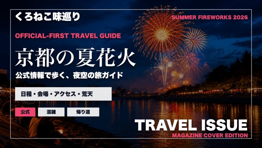 京都の夏の花火大会ガイドを旅行雑誌の表紙として表現したアイキャッチ