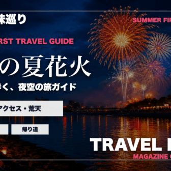 鳥取の夏の花火大会ガイドを旅行雑誌の表紙として表現したアイキャッチ