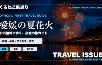 愛媛の夏の花火大会ガイドを旅行雑誌の表紙として表現したアイキャッチ