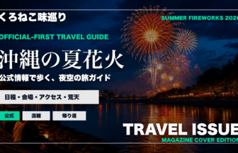沖縄の夏の花火大会ガイドを旅行雑誌の表紙として表現したアイキャッチ
