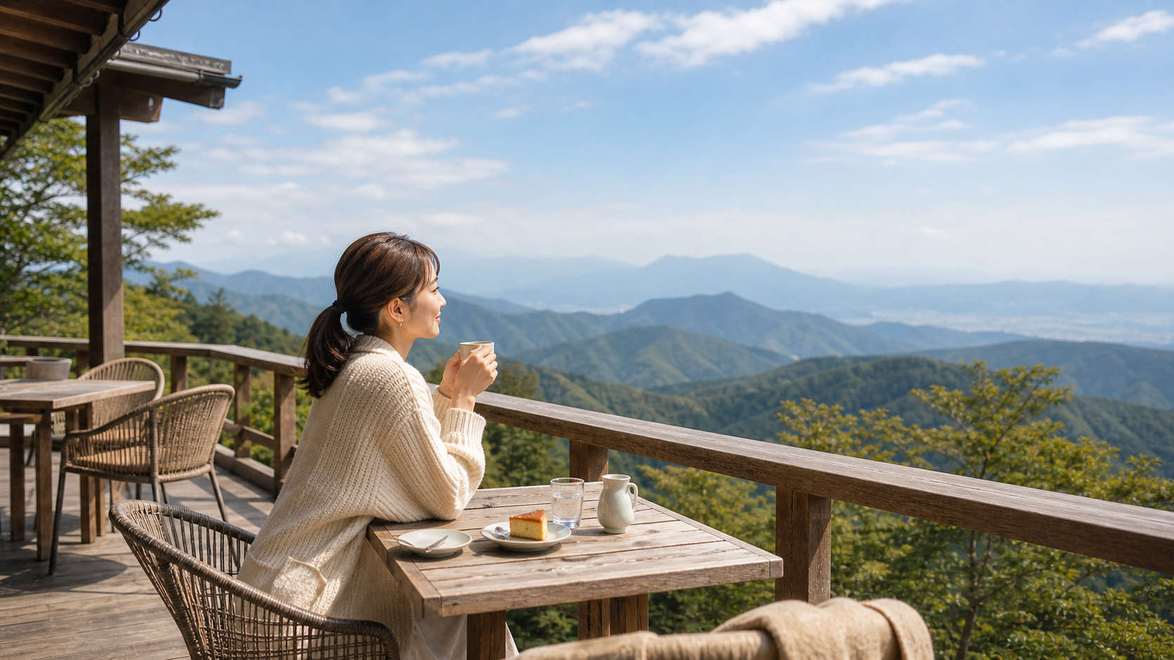 山並みを眺めながら過ごせる高原テラスカフェの避暑地イメージ