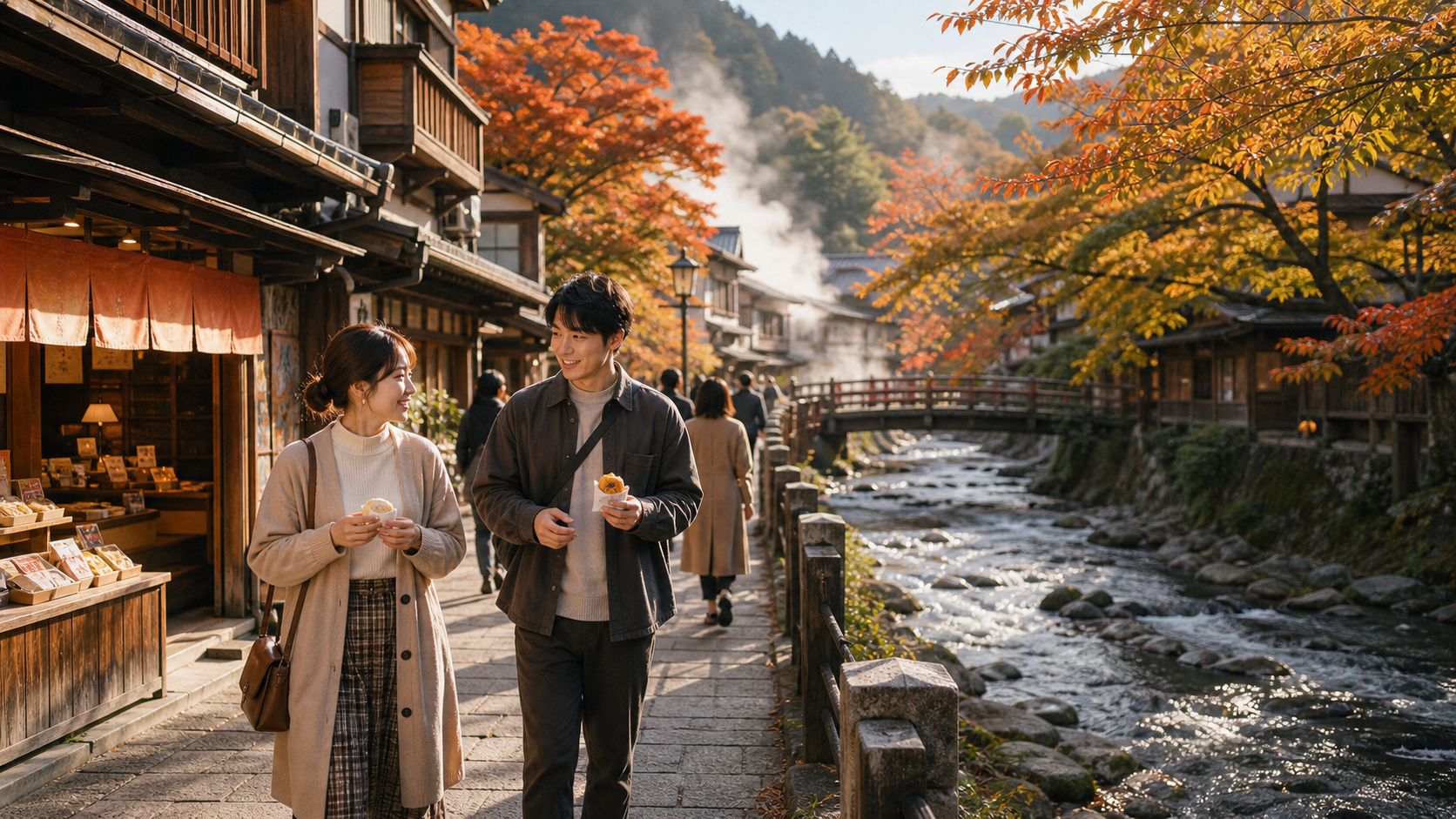 紅葉が見える温泉街の川沿いで食べ歩きを楽しむ秋旅のイメージ