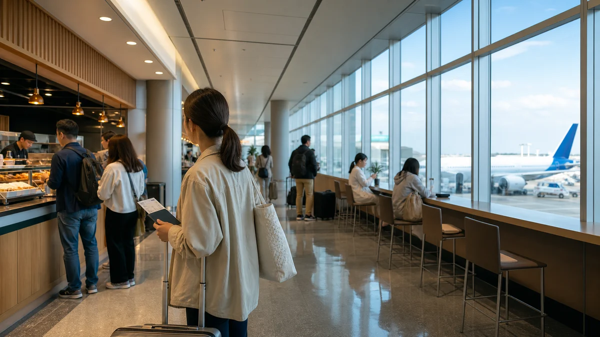 成田空港第1ターミナル出国後で食事場所を選ぶ旅行者
