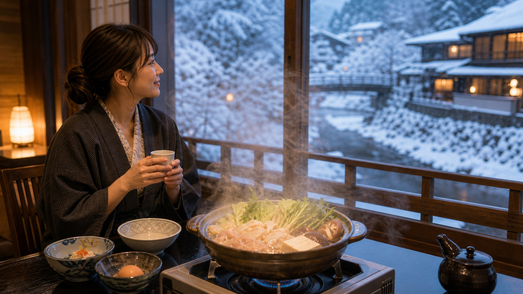 冬景色を眺めながら鍋料理を楽しむ旅グルメのイメージ