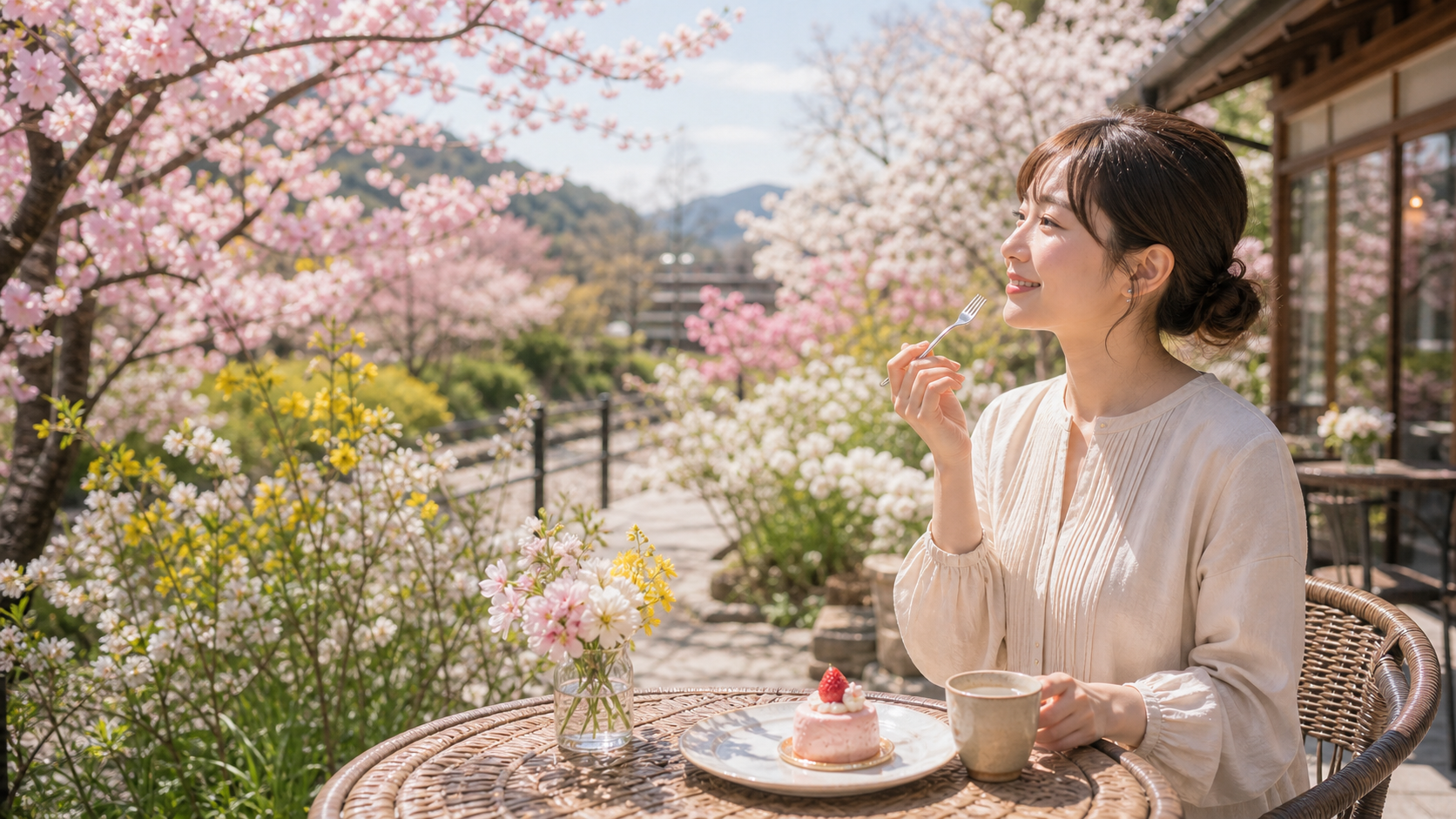 春の花景色を見ながらスイーツを楽しむ日帰り旅のイメージ