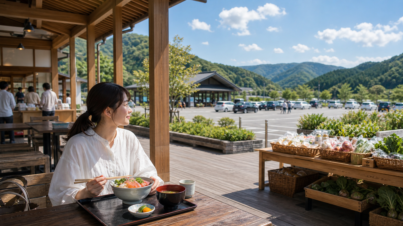 景色のよい道の駅でご当地グルメを楽しむドライブ旅のイメージ