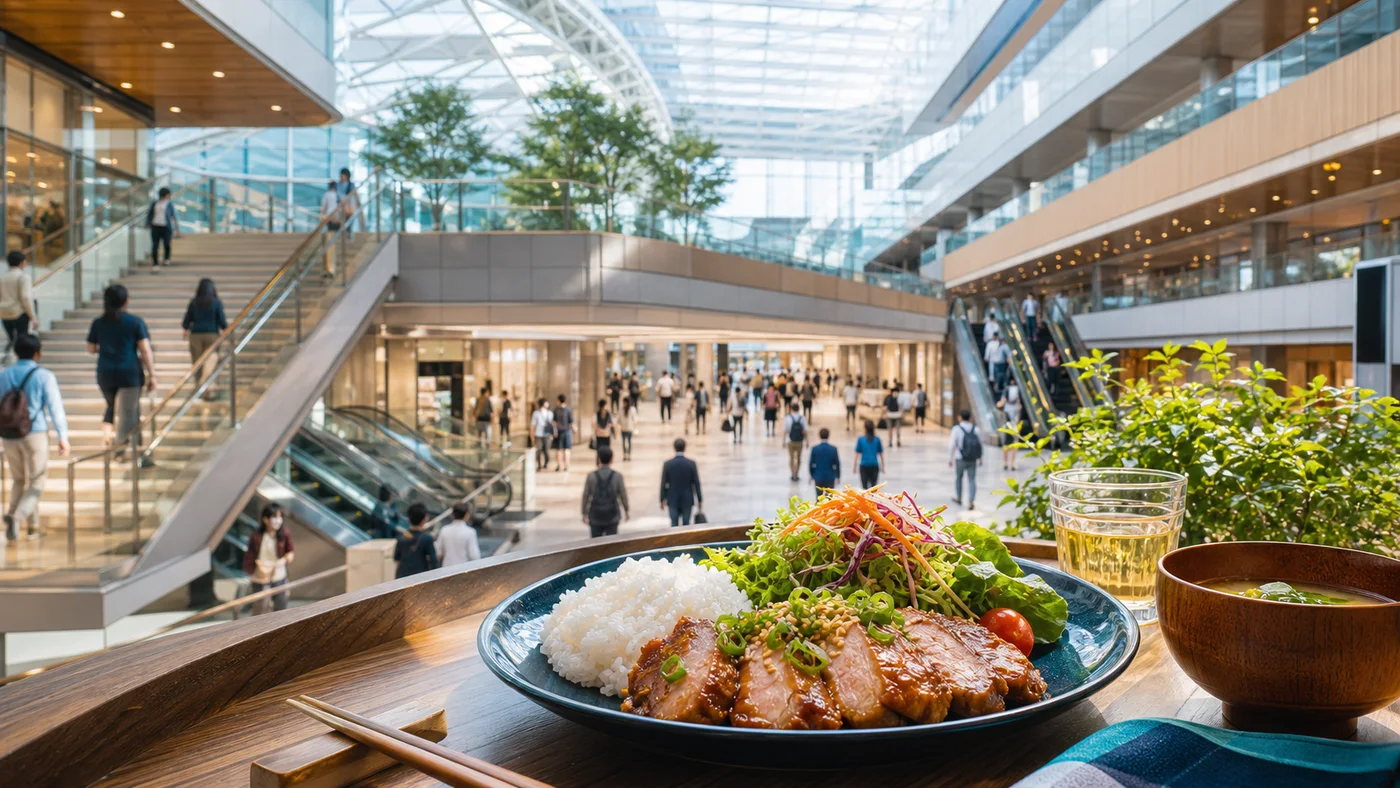 横浜駅ランチを西口、駅ビル、東口で比較する図
