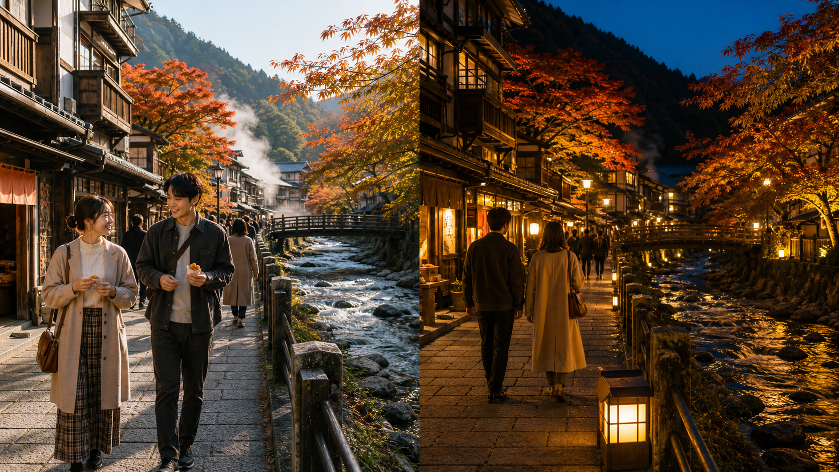 秋の温泉街で昼の散策と夜のライトアップ散策を比べられるイメージ