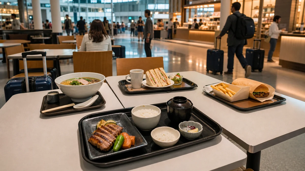 空港フードコートで和食、ラーメン、カフェ、軽食を比較するテーブル