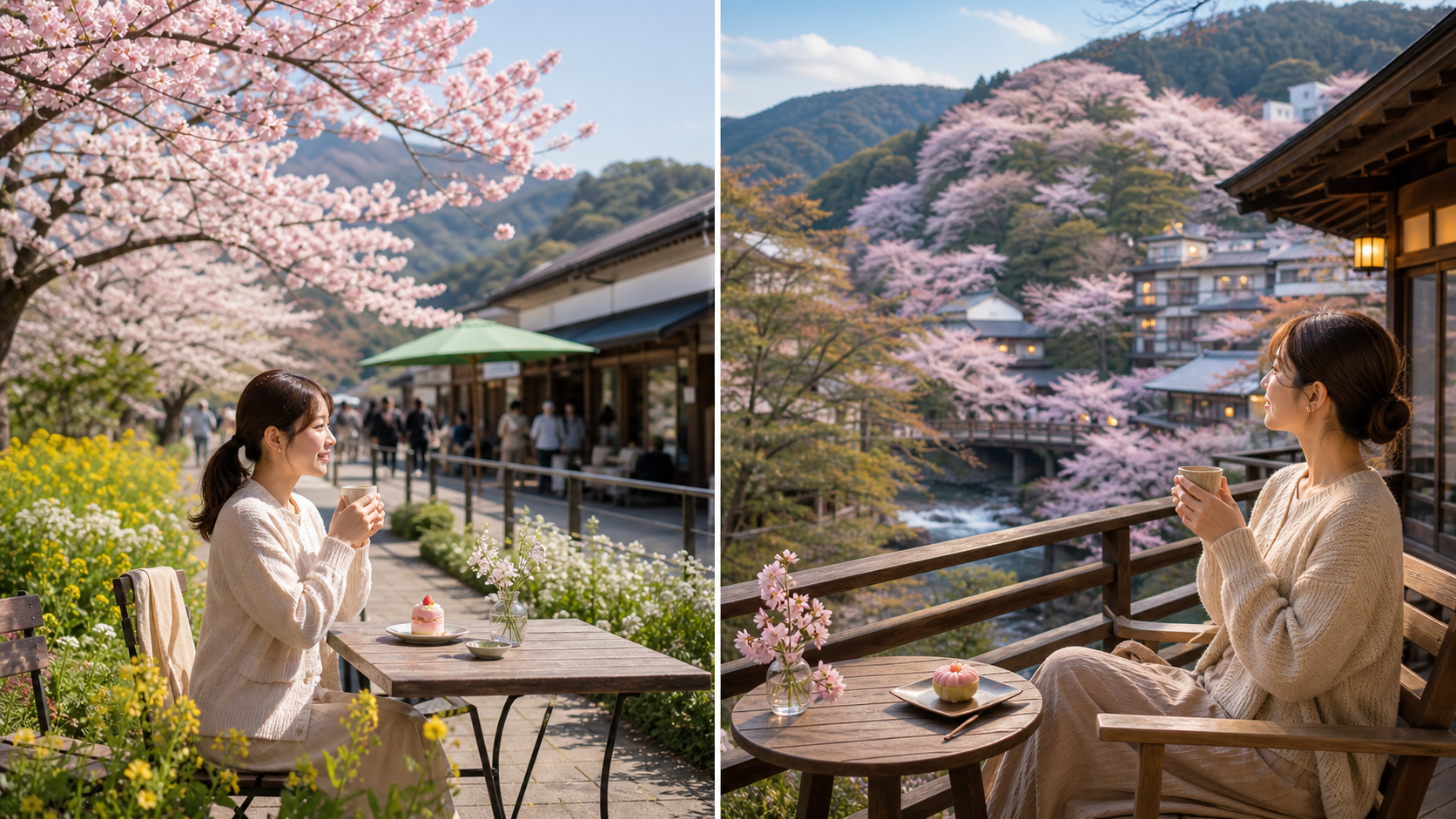 日帰り向きの花スイーツ旅と1泊向きの花旅を比較できるイメージ