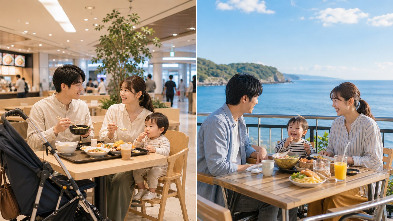 駅近の屋内型と海沿いの景色型を比較できる子連れグルメ旅のイメージ