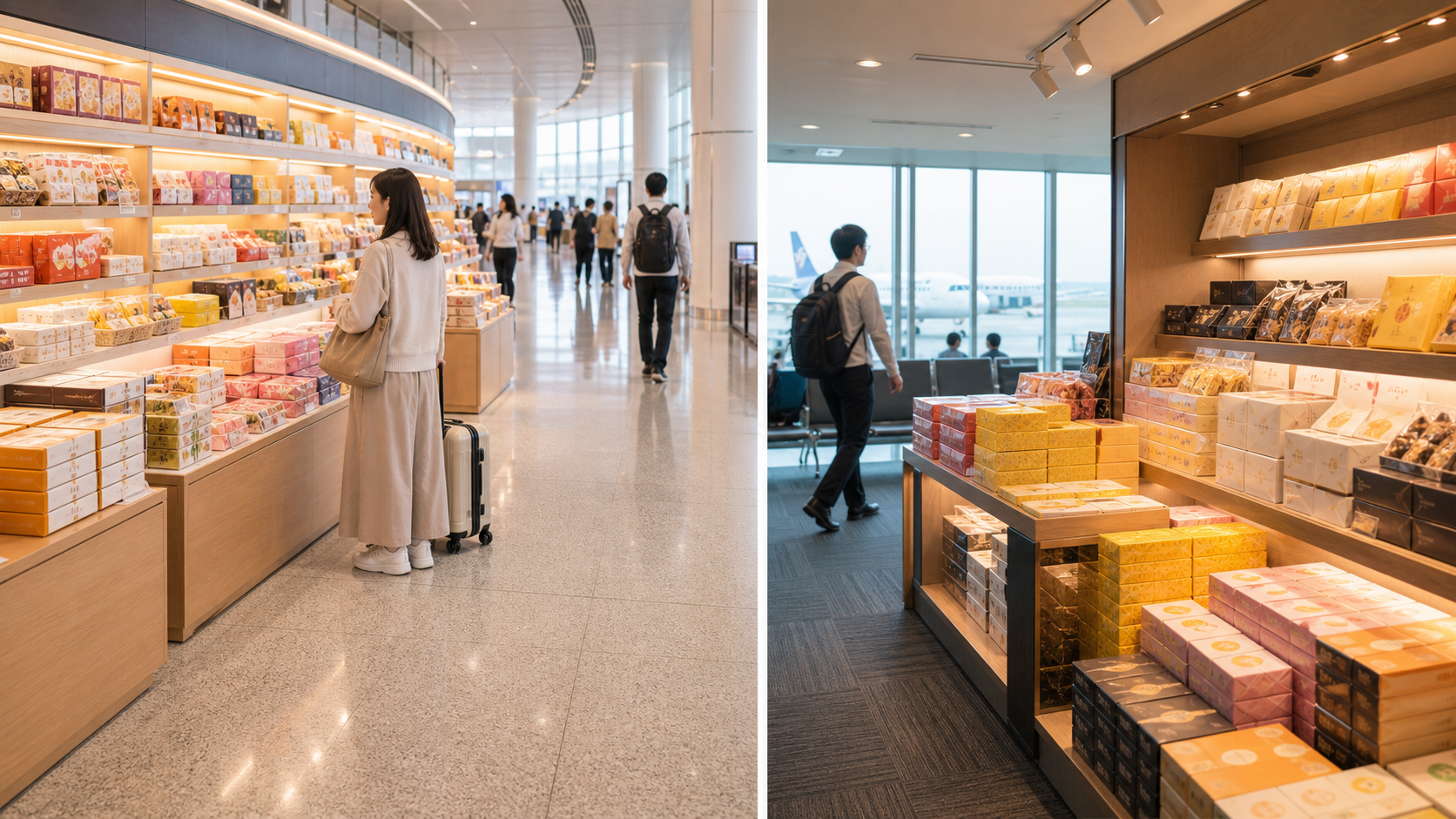 羽田空港で保安検査前の土産売り場と検査後のゲート前ショップを比較できるイメージ