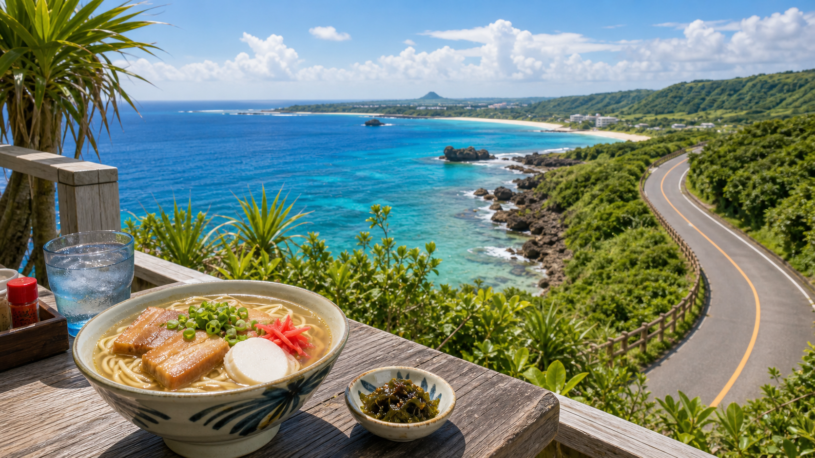 沖縄北部で海景色と沖縄そばをまとめて楽しむドライブ旅のイメージ