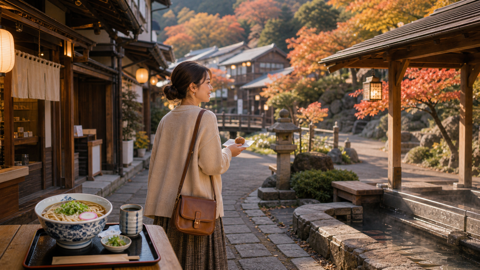 秋の温泉街で瓦そばや甘味を楽しみながら立ち寄り湯へ向かう散策のイメージ