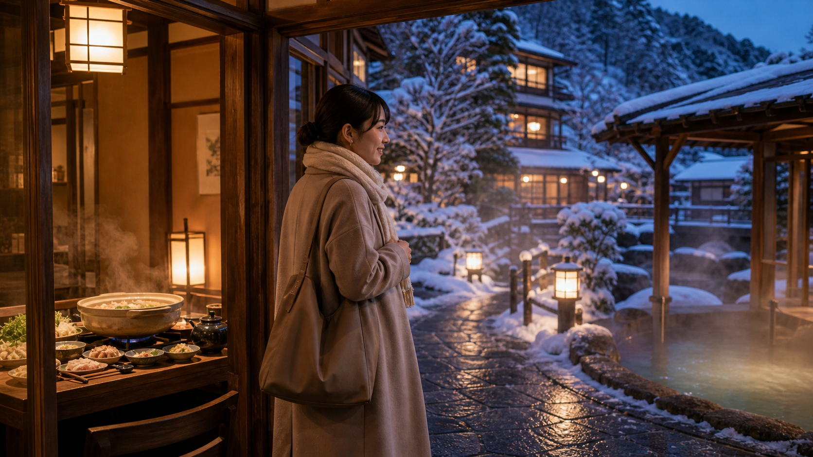 冬の旅先で鍋料理と雪景色や温泉を無理なくつなぐ旅のイメージ