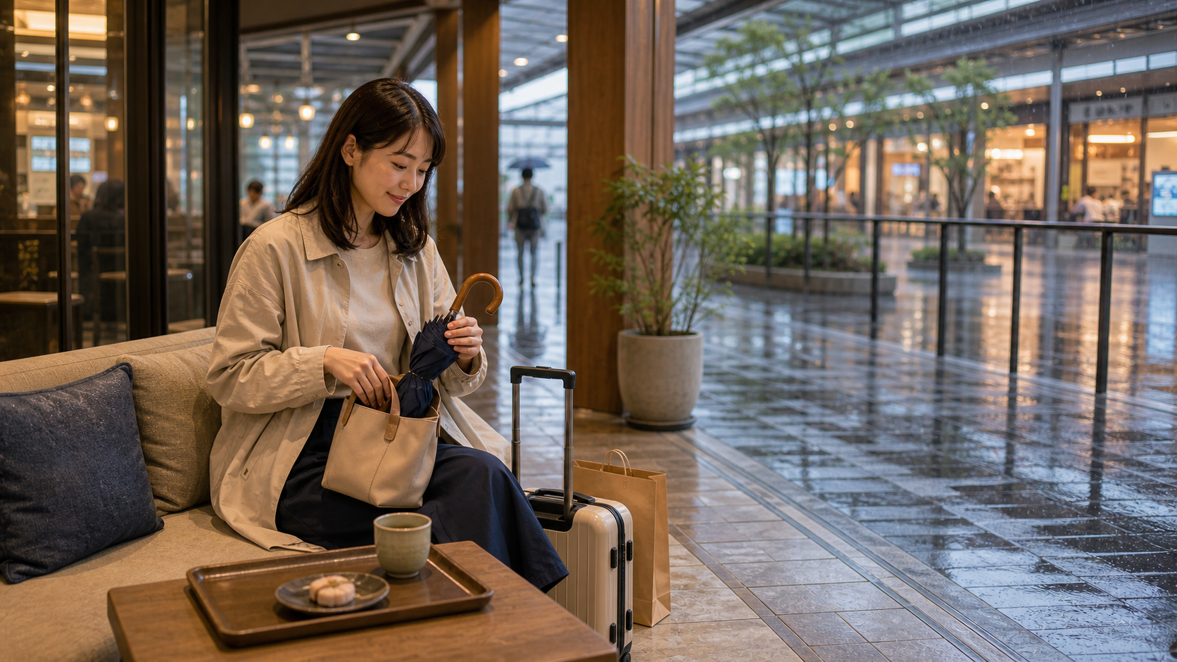雨の日に荷物や休憩場所を考えながら無理なく回るグルメ旅のイメージ