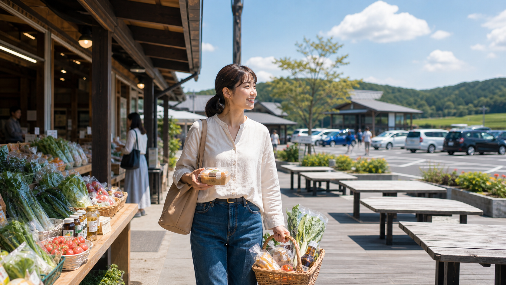 道の駅で買い物と食事をまとめて回収して次の目的地へ向かうイメージ