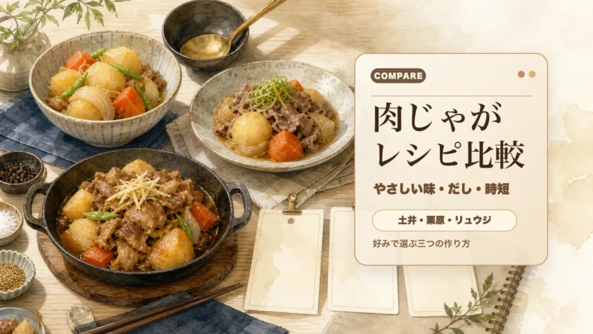 土井善晴・栗原はるみ・リュウジの肉じゃがレシピを比較するアイキャッチ